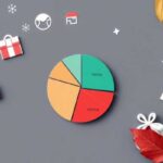 A circular pie chart labeled "Holiday" and "Hosting," highlighting seasonal spending, is surrounded by autumn leaves, gift boxes, and winter-themed icons on a gray background. The scene combines elements of fall and winter holidays.