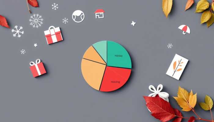 A circular pie chart labeled "Holiday" and "Hosting," highlighting seasonal spending, is surrounded by autumn leaves, gift boxes, and winter-themed icons on a gray background. The scene combines elements of fall and winter holidays.