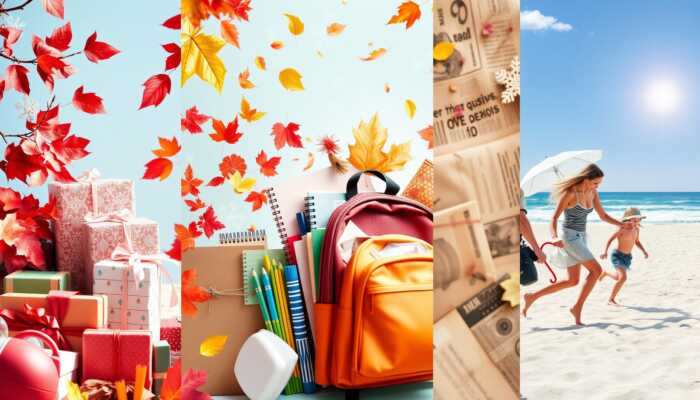 A colorful collage showcasing seasonal spending activities, including holiday gift shopping, back-to-school supplies, and a family enjoying a summer beach vacation, highlighting the excitement of consumer behavior throughout the year.