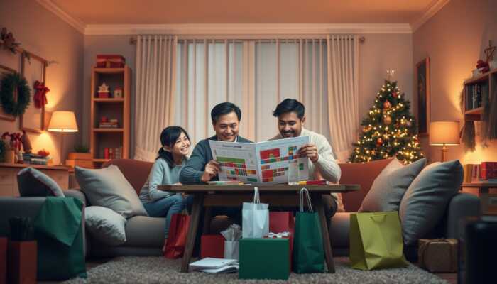 Family reviewing a colorful seasonal budget planner in a cozy, festive living room decorated for the holidays.