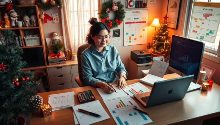 A cozy home office with a person budgeting at a desk, surrounded by seasonal decorations, a calculator, spreadsheets, colorful charts, and a calendar marking major events.