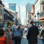 A busy city street scene with people walking in both directions. Tall buildings line the street, with signs for various businesses offering payment solutions. The sky is clear, and the atmosphere appears lively and vibrant.