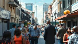 A busy city street scene with people walking in both directions. Tall buildings line the street, with signs for various businesses offering payment solutions. The sky is clear, and the atmosphere appears lively and vibrant.