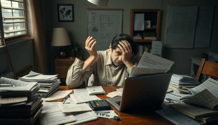 A distressed borrower surrounded by overdue bills and loan documents, looking overwhelmed at a cluttered table with a calculator and laptop in a dimly lit room.