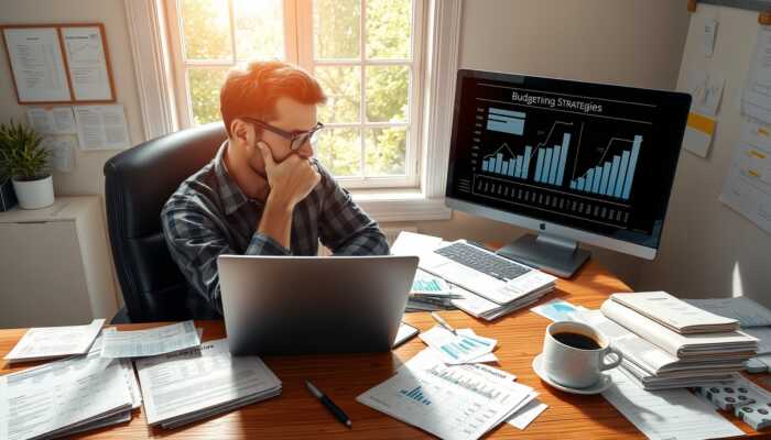 Person analyzing budgeting strategies on a laptop while surrounded by bills and financial documents, with a sunny day visible outside.
