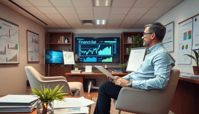 A financial advisor consulting with a client in a warm office, surrounded by charts and documents, symbolizing trust and guidance in managing finances.