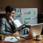 A person sits at a desk in an office, examining documents with charts. With a laptop, coffee cup, and potted plant nearby, they review papers and graphs while considering smart questions about personal loan options displayed on the board behind them.