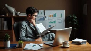 A person sits at a desk in an office, examining documents with charts. With a laptop, coffee cup, and potted plant nearby, they review papers and graphs while considering smart questions about personal loan options displayed on the board behind them.