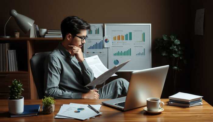 A person sits at a desk in an office, examining documents with charts. With a laptop, coffee cup, and potted plant nearby, they review papers and graphs while considering smart questions about personal loan options displayed on the board behind them.
