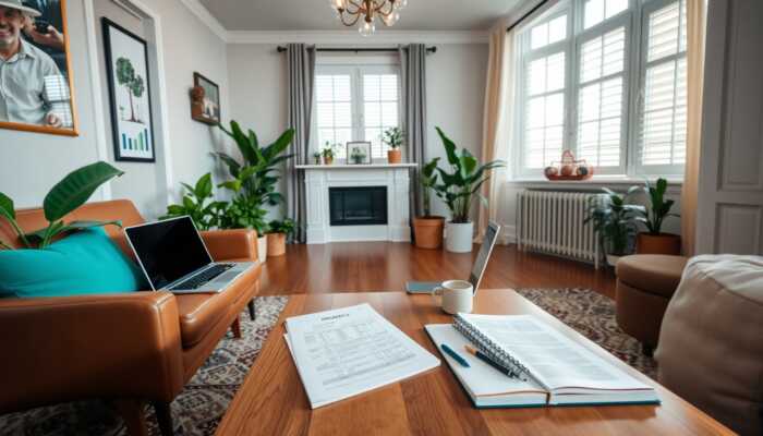 Cozy living room in New Orleans with a coffee table displaying financial documents, a laptop, and an open notebook, symbolizing financial planning and personal growth.