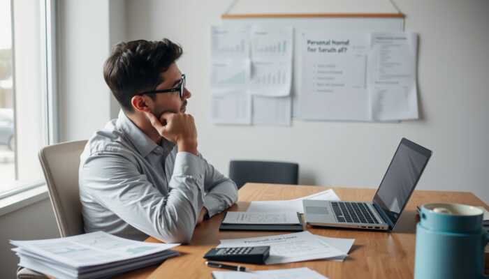 A person contemplating personal loan questions at a desk with financial documents, a calculator, and a laptop in bright indoor lighting.