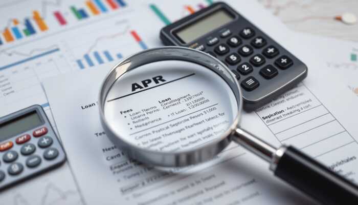 A magnifying glass over loan documents highlighting APR, terms, and fees, with a calculator and financial charts in the background, symbolizing analysis and decision-making.