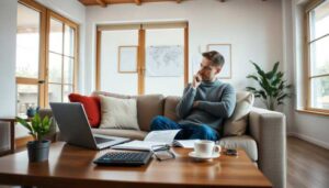 A man sits on a beige sofa in a living room, looking thoughtfully at a laptop on a coffee table—perhaps exploring vacation plans. The table also holds a notebook, calculator, cup, phone, and small plant. Large windows and a world map decorate the space.