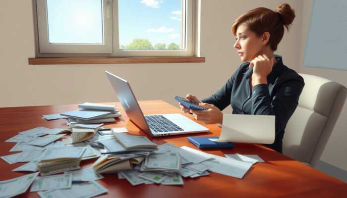 A person at a desk with a laptop, calculator, and scattered bills, deep in thought about personal finances on a sunny day.