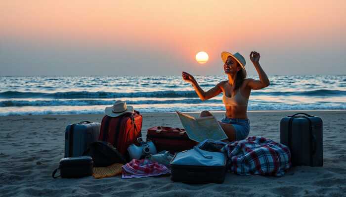 A couple joyfully unpacking luggage on a serene beach at sunset, surrounded by travel essentials, evoking adventure and relaxation.