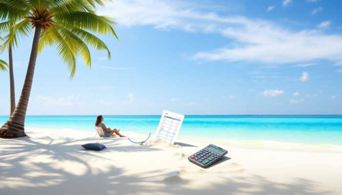 A family enjoying a beach vacation with palm trees and clear water, alongside a calculator and budget sheet in the sand, representing careful financial planning.