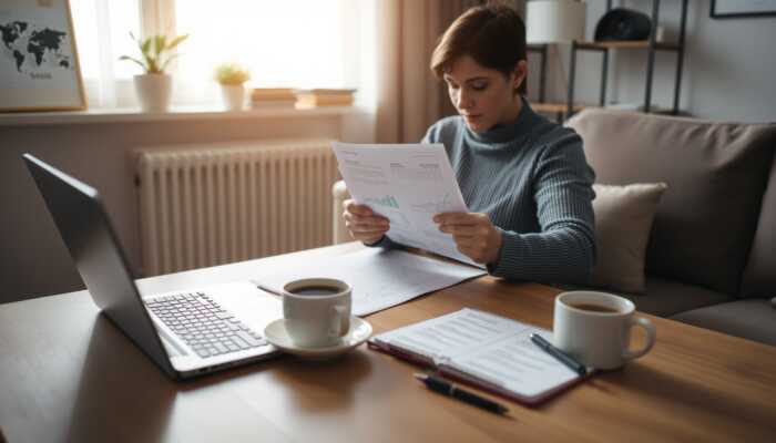 A person sits at a table in a living room, reviewing papers with charts about applying for a personal loan. A laptop, coffee cup, notebook, and pen are on the table. Sunlight streams through a window in the background.