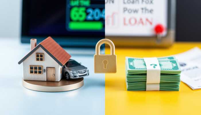A split image showing a secured personal loan with a house and car alongside a lock symbol, and an unsecured personal loan represented by a stack of cash with a question mark.