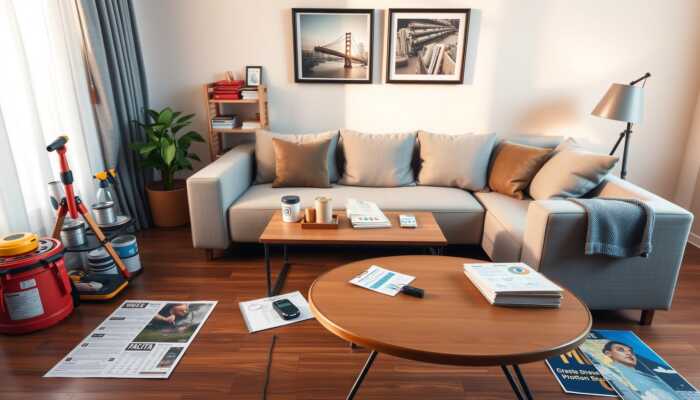 Cozy living room with home improvement tools, medical bills, a car key, and a travel brochure, illustrating common uses for personal loans.