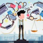 An illustrated person stands on a pedestal, chained and surrounded by floating credit cards, filmstrips, and currency symbols, with a scale balancing coins—offering Top Tips to consolidate credit card debt. A city skyline forms the background.
