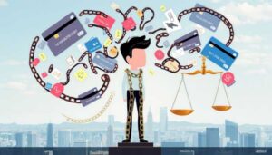 An illustrated person stands on a pedestal, chained and surrounded by floating credit cards, filmstrips, and currency symbols, with a scale balancing coins—offering Top Tips to consolidate credit card debt. A city skyline forms the background.