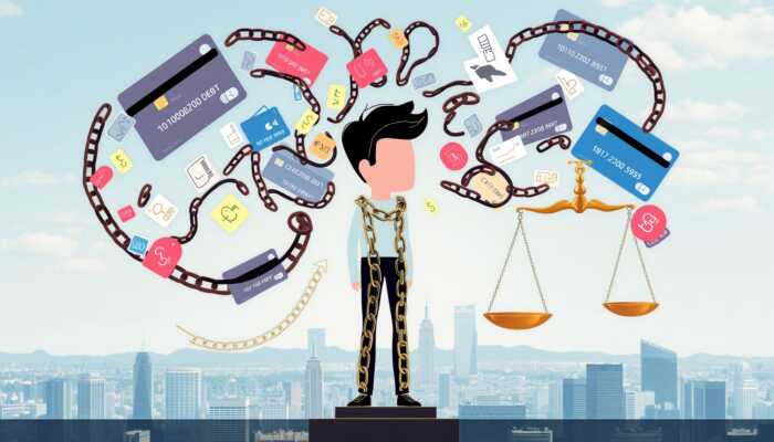 An illustrated person stands on a pedestal, chained and surrounded by floating credit cards, filmstrips, and currency symbols, with a scale balancing coins—offering Top Tips to consolidate credit card debt. A city skyline forms the background.