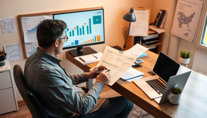 Person reviewing loan documents with a calculator and financial charts in a cozy home office.