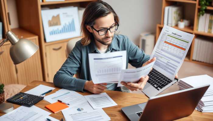 Person reviewing financial documents and a credit score report at a desk in a cozy home office.