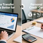 A split image: on the left, a person holds credit cards near a laptop with financial charts, suggesting Balance Transfer; on the right, someone fills out a Personal Loan form with documents and calculator. Text discusses debt solutions.