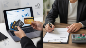 Split image showing a person with credit cards and another signing loan papers beside a calculator.