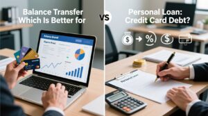 A split image: on the left, a person holds credit cards near a laptop with financial charts, suggesting Balance Transfer; on the right, someone fills out a Personal Loan form with documents and calculator. Text discusses debt solutions.