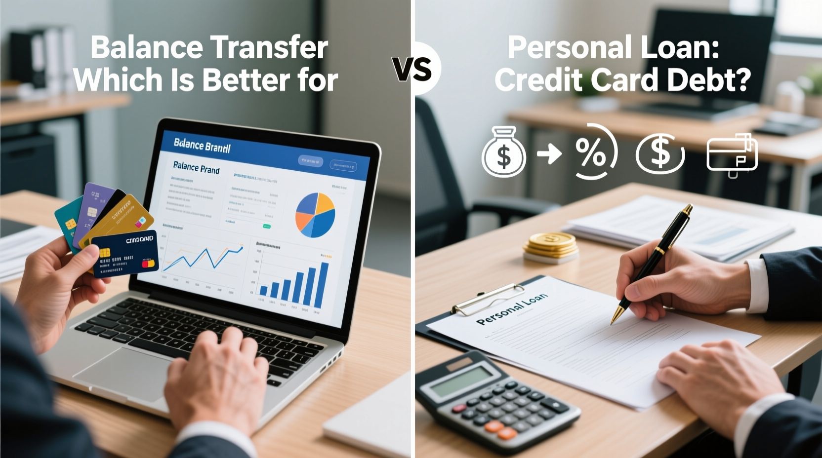 A split image: on the left, a person holds credit cards near a laptop with financial charts, suggesting Balance Transfer; on the right, someone fills out a Personal Loan form with documents and calculator. Text discusses debt solutions.