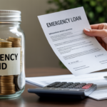 A person holds an emergency loan document next to a glass jar labeled "Emergency Fund," filled with coins and bills. A calculator and paperwork are on the desk, highlighting financial planning with both Emergency Loan and Emergency Fund options.