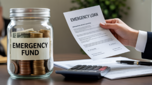 A person holds an emergency loan document next to a glass jar labeled "Emergency Fund," filled with coins and bills. A calculator and paperwork are on the desk, highlighting financial planning with both Emergency Loan and Emergency Fund options.