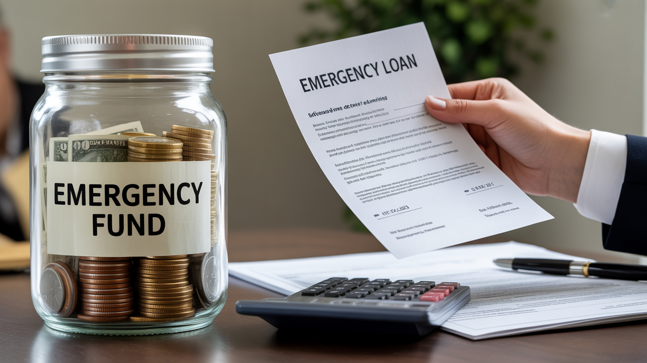 A person holds an emergency loan document next to a glass jar labeled "Emergency Fund," filled with coins and bills. A calculator and paperwork are on the desk, highlighting financial planning with both Emergency Loan and Emergency Fund options.