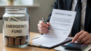 A person reviewing an emergency loan document next to a jar labeled emergency fund, illustrating the choice between savings and borrowing.