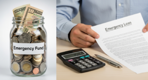 Comparison image showing an emergency fund jar beside an emergency loan document, highlighting savings versus borrowing.