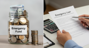 Split image showing an emergency fund jar and emergency loan paperwork, illustrating savings and borrowing decisions.