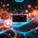 A computer monitor displays data against a digital background with glowing symbols of Bitcoin, dollar signs, and payment icons, representing cryptocurrency, AI payday loans, and financial technology concepts.