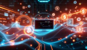 A computer monitor displays data against a digital background with glowing symbols of Bitcoin, dollar signs, and payment icons, representing cryptocurrency, AI payday loans, and financial technology concepts.