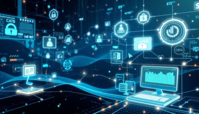 Futuristic digital landscape illustrating an AI-driven loan processing system with elements representing data analysis, machine learning, identity verification, credit scoring, and fraud detection in an interconnected network.