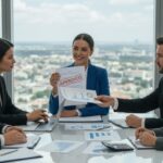 Five people sit around a conference table with laptops and documents. A woman in a blue suit holds up a paper labeled "APPROVED," suggesting they've just reviewed personal loan approval guidelines, while others discuss graphs and charts in a bright office.