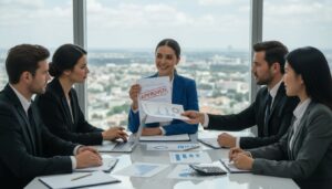 Five people sit around a conference table with laptops and documents. A woman in a blue suit holds up a paper labeled "APPROVED," suggesting they've just reviewed personal loan approval guidelines, while others discuss graphs and charts in a bright office.