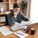 A man sits at a desk covered with documents, a laptop, and office supplies. He reviews personal loan papers with a focused expression. Bookshelves and a window are in the background.