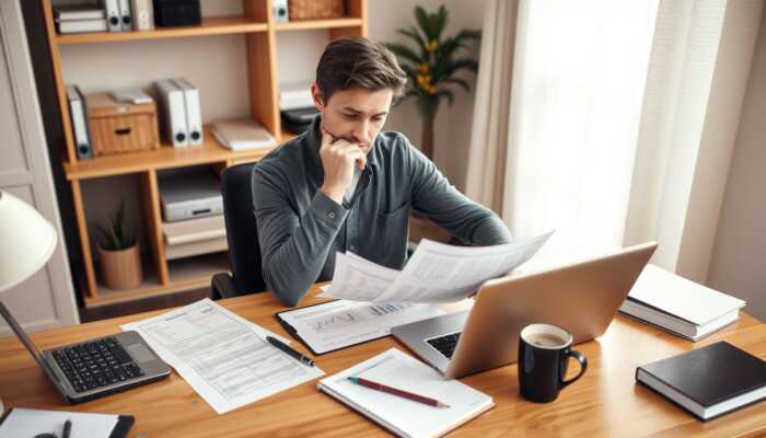 A man sits at a desk covered with documents, a laptop, and office supplies. He reviews personal loan papers with a focused expression. Bookshelves and a window are in the background.