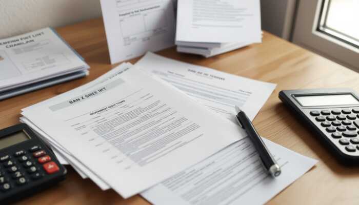 Organized desk with documents including a government-issued ID, pay stubs, tax returns, bank statements, and an employment verification letter, accompanied by a pen and calculator.