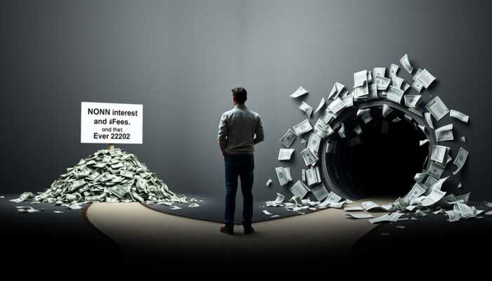 A person at a crossroads, contemplating two paths: one towards a pile of money with a warning about high interest and fees, and the other towards a dark tunnel representing debt, surrounded by broken financial documents and crumpled bills.