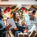 Three people stand together indoors, smiling and talking while holding wrapped gifts and papers—perhaps discussing holiday budget planning. The festive background features Christmas ornaments, garland, and more wrapped presents.