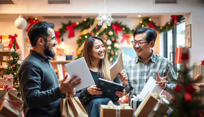 Three people stand together indoors, smiling and talking while holding wrapped gifts and papers—perhaps discussing holiday budget planning. The festive background features Christmas ornaments, garland, and more wrapped presents.