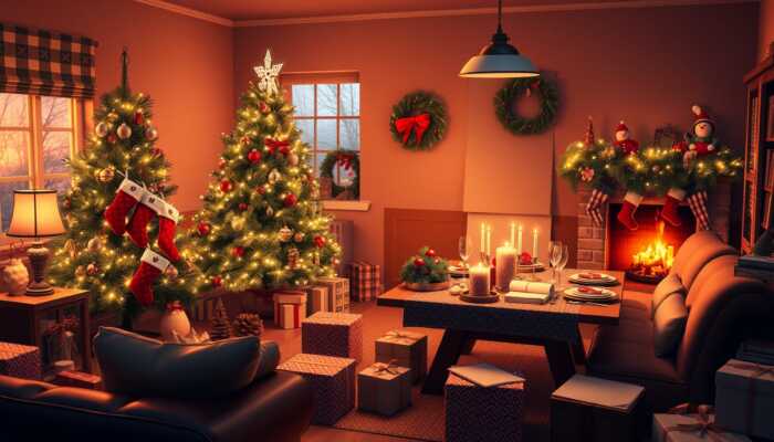 Cozy holiday living room with a decorated tree, fireplace with stockings, festive table, wrapped gifts, and a notepad for holiday budget planning.